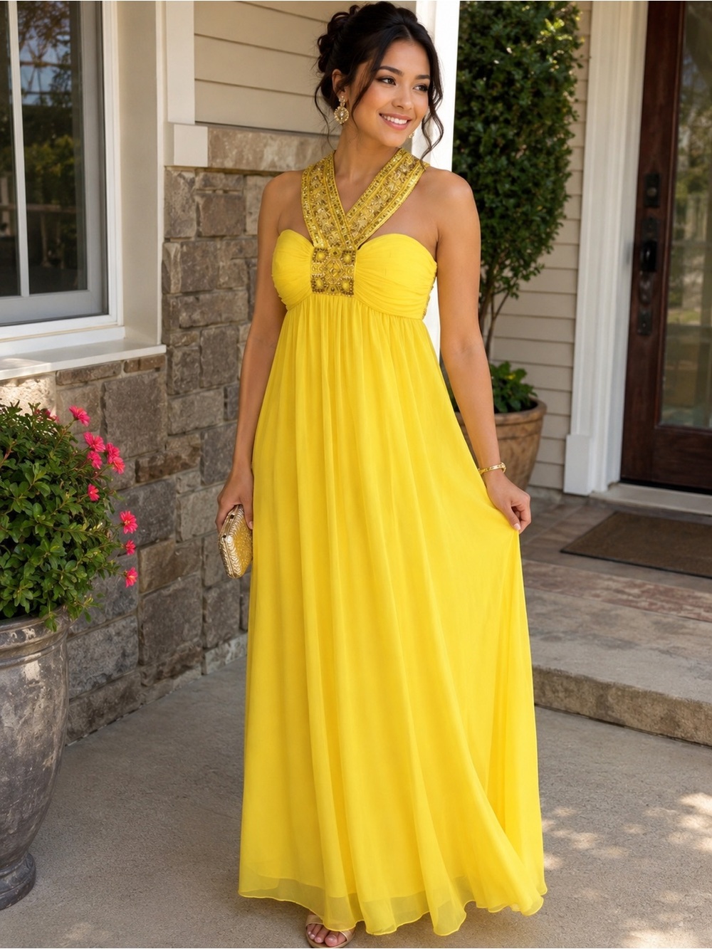 Dusk Collection by shella yen Yellow Beaded Halter Empire-Waist Maxi Dress